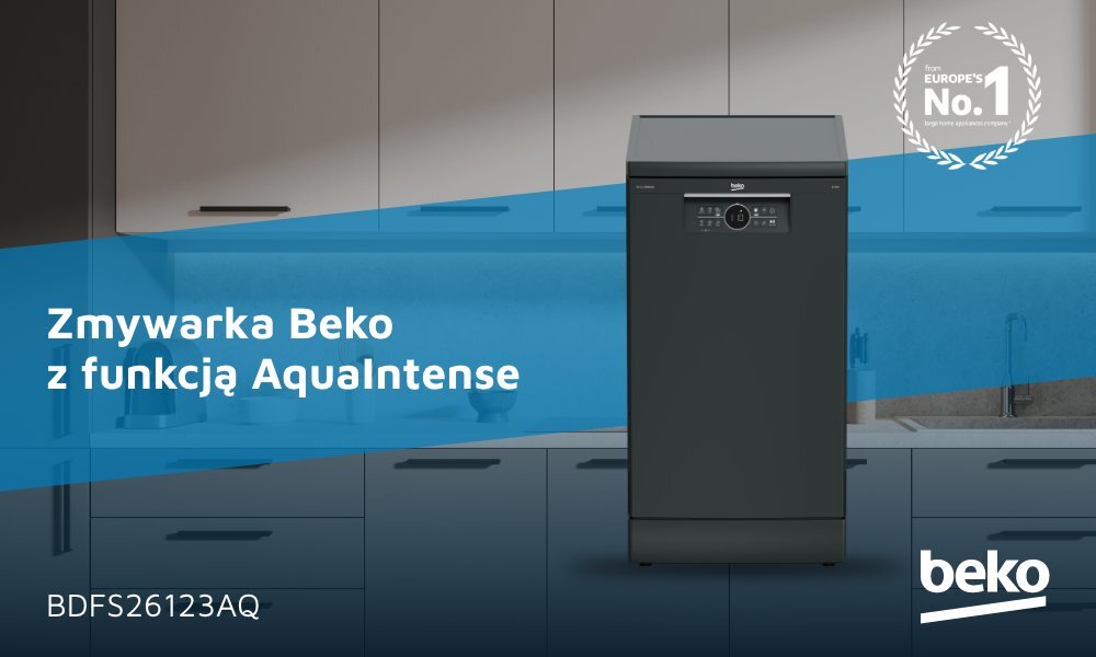 Zmywarka Beko z funkcją AquaIntense w antracytowym kolorze, z widocznym panelem sterowania. Na obrazie znajduje się tekst: \'Zmywarka Beko z funkcją AquaIntense\' oraz \'BDFS26123AQ\'.