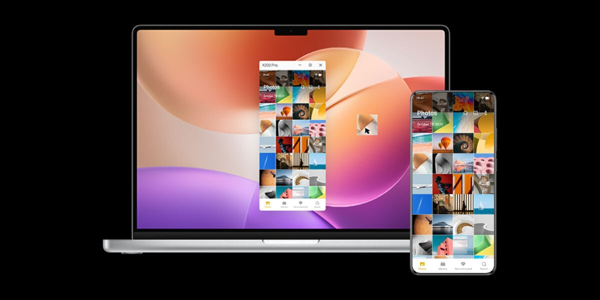 Na obrazie widać laptopa i smartfon z wyświetlonymi kolorowymi miniaturami zdjęć. Ekran laptopa i smartfona pokazuje podobny układ aplikacji z ikonami i zdjęciami.