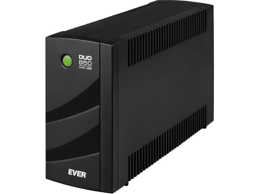 Czarny zasilacz UPS z widocznym logo \'EVER\' oraz napisem \'DUO 850 AVR USB\'.