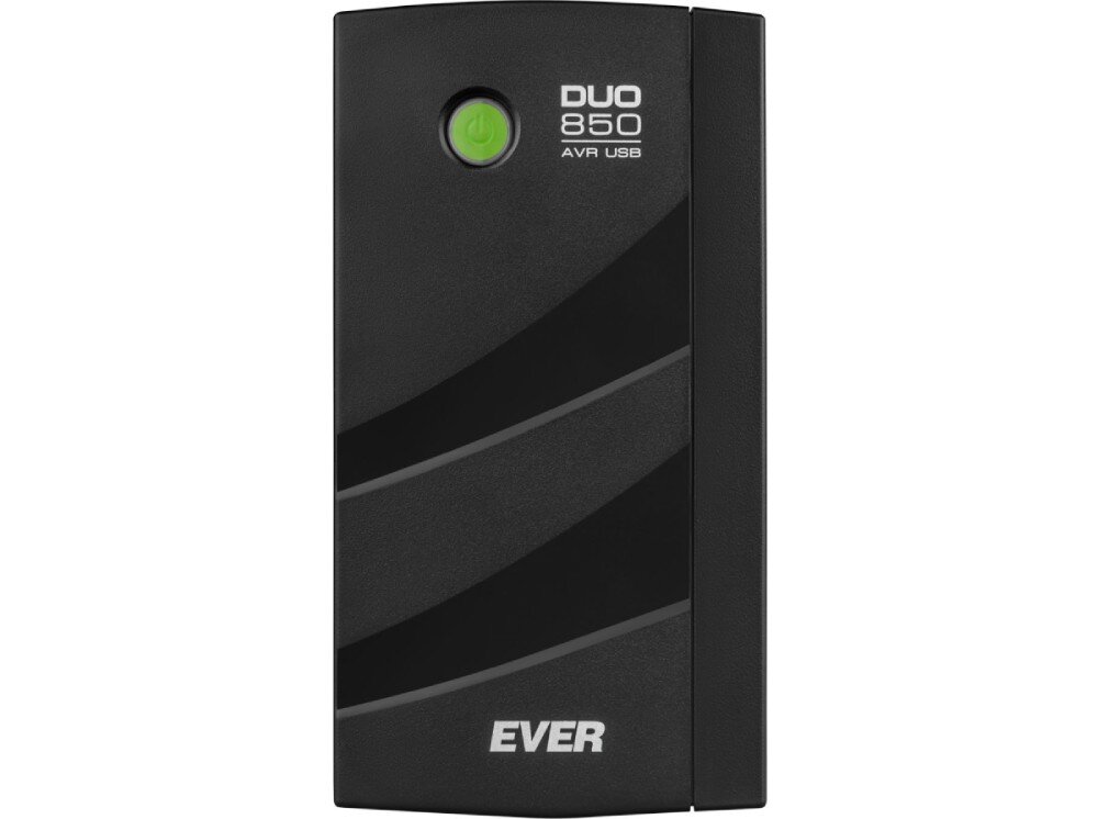 Czarny zasilacz UPS z widocznym logo \'EVER\' na dole oraz napisem \'DUO 850 AVR USB\' na górze. Na obudowie znajduje się zielony przycisk zasilania.