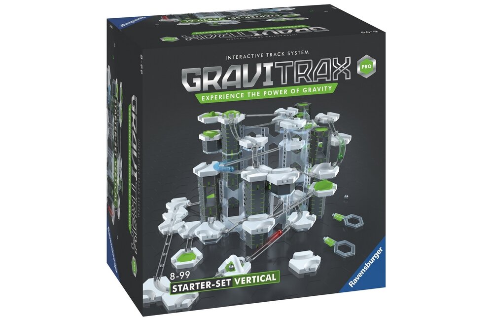 Opakowanie gry logicznej RAVENSBURGER GraviTrax Pro Zestaw startowy 26832 z widocznym systemem torów i elementami konstrukcyjnymi. Na opakowaniu znajduje się tekst: \'INTERACTIVE TRACK SYSTEM\', \'EXPERIENCE THE POWER OF GRAVITY\', \'8-99\', \'STARTER-SET VERTICAL\'.
