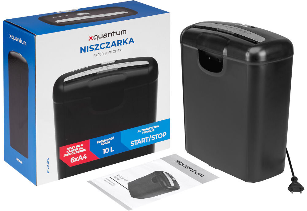 Na obrazie widoczna jest czarna niszczarka oraz jej opakowanie z napisem \'xquantum NISZCZARKA\'. Obok znajduje się ulotka z wizerunkiem niszczarki.