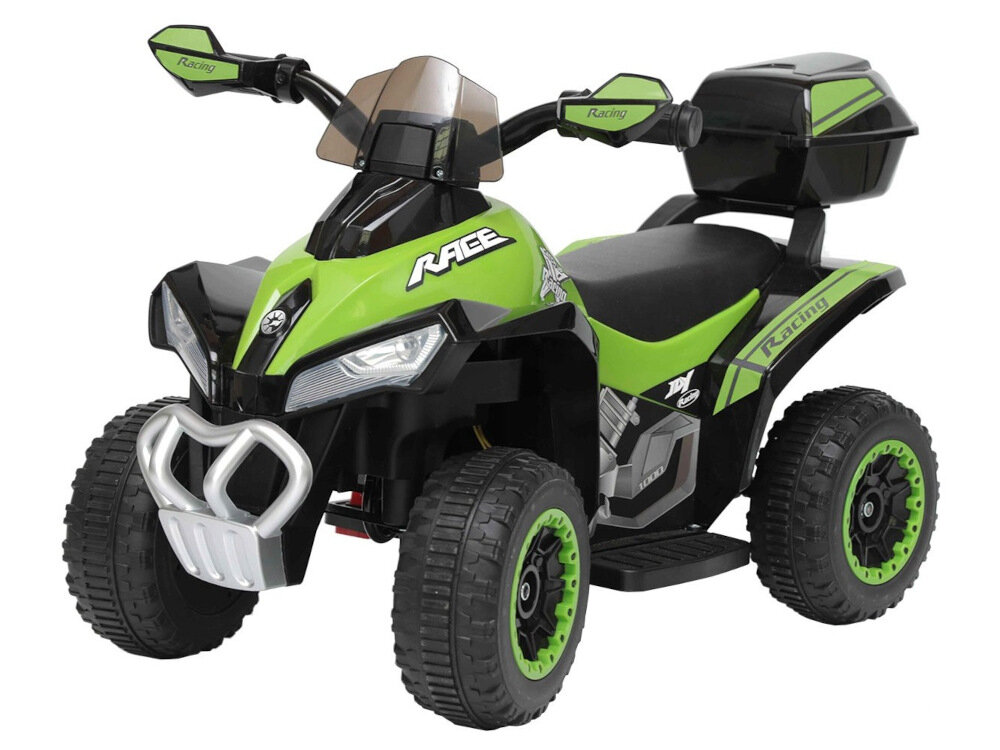 Zielony quad elektryczny dla dzieci z czarnymi i srebrnymi elementami, posiada cztery koła i napis \'Racing\' na kierownicy oraz \'RAGE\' na przodzie.