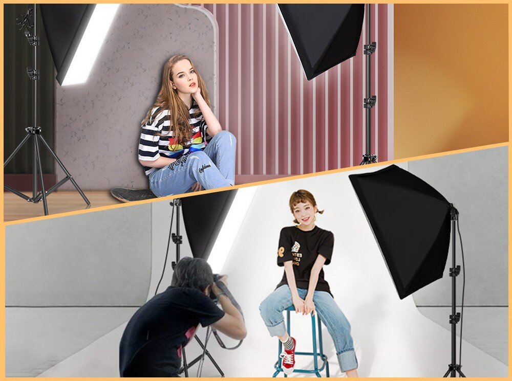 Obraz przedstawia dwa zestawy lamp studyjnych z żarówkami LED i statywami, używane podczas sesji fotograficznych. Widać osoby pozujące do zdjęć oraz fotografa w studiu.