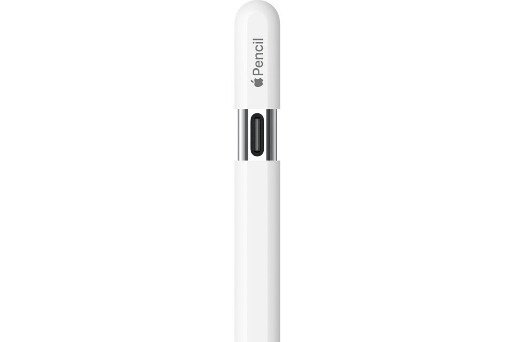 Biały rysik z napisem \'Pencil\' oraz logo jabłka na górnej części. Widoczny jest metalowy element z czarnym przyciskiem.