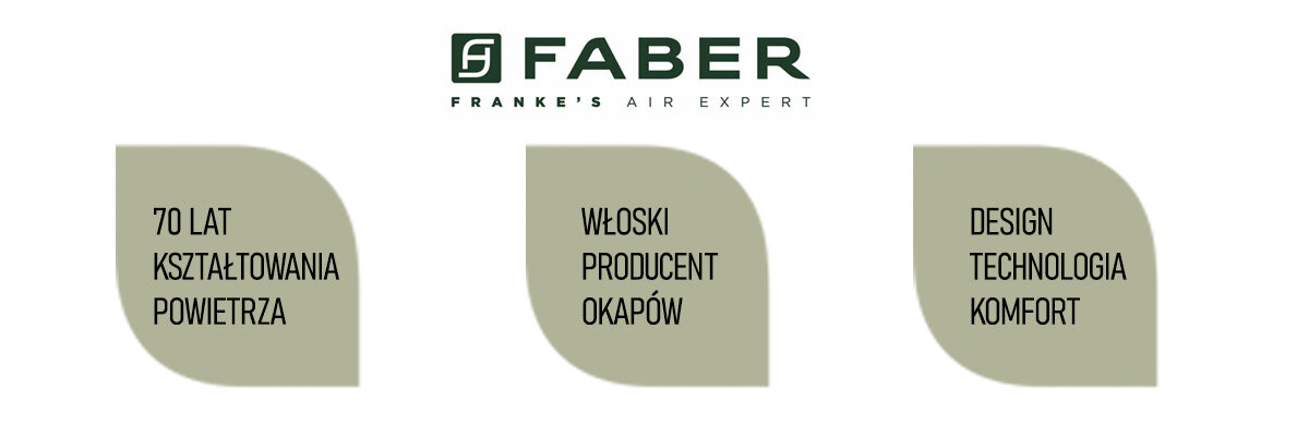 Logo FABER z napisem \'FRANKE\'S AIR EXPERT\' oraz trzy zielone pola z tekstami: \'70 LAT KSZTAŁTOWANIA POWIETRZA\', \'WŁOSKI PRODUCENT OKAPÓW\', \'DESIGN TECHNOLOGIA KOMFORT\'.