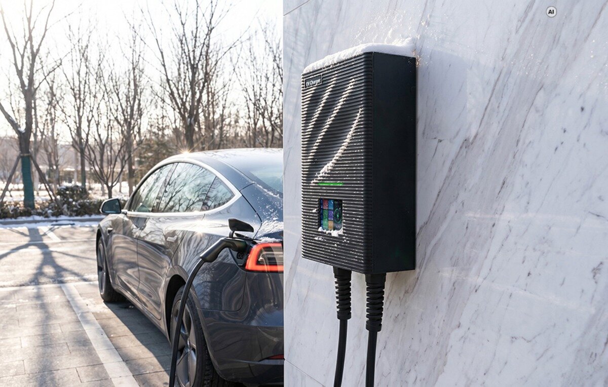 Ładowarka do samochodu elektrycznego BESEN SQW45-BC-22KW-APP Czarna ładowarka pokryta śniegiem zamontowana na jasnej ścianie przy zaparkowanym samochodzie elektrycznym zimą.