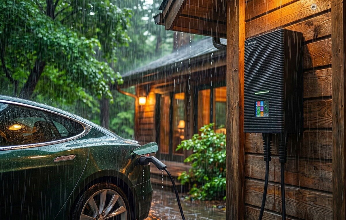 Ładowarka do samochodu elektrycznego BESEN SQW45-BC-22KW-APP Czarna stacja ładowania EV Charger zamontowana na drewnianej ścianie w trakcie deszczu, ładująca zielony samochód.
