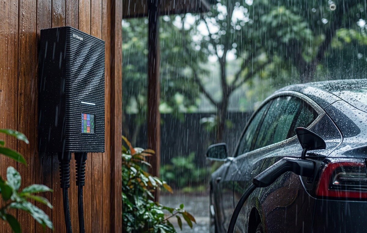 Ładowarka do samochodu elektrycznego BESEN SQW45-BC-22KW-APP Wodoodporna stacja ładowania samochodów elektrycznych zamontowana na drewnianym budynku podczas obfitego deszczu.