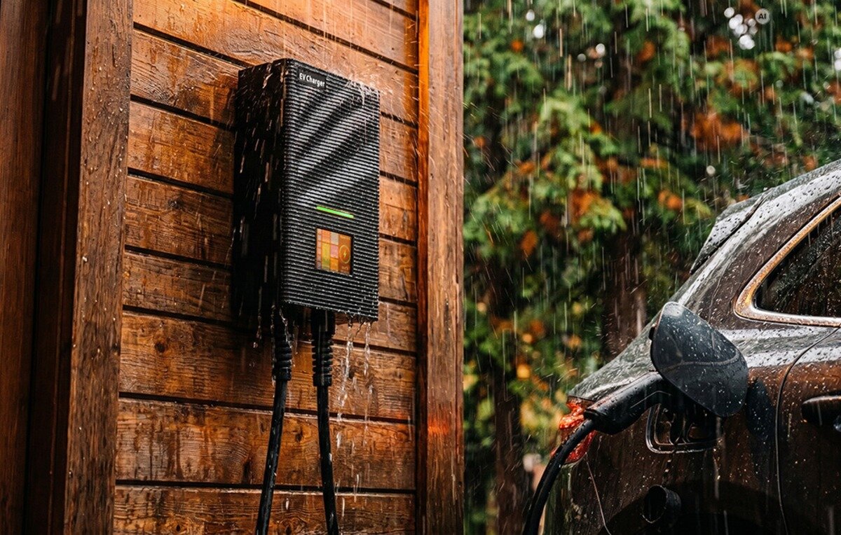 Ładowarka do samochodu elektrycznego BESEN SQW45-BC-22KW-APP Czarna ścienna stacja ładowania samochodów elektrycznych zamontowana na drewnianej elewacji w strugach deszczu