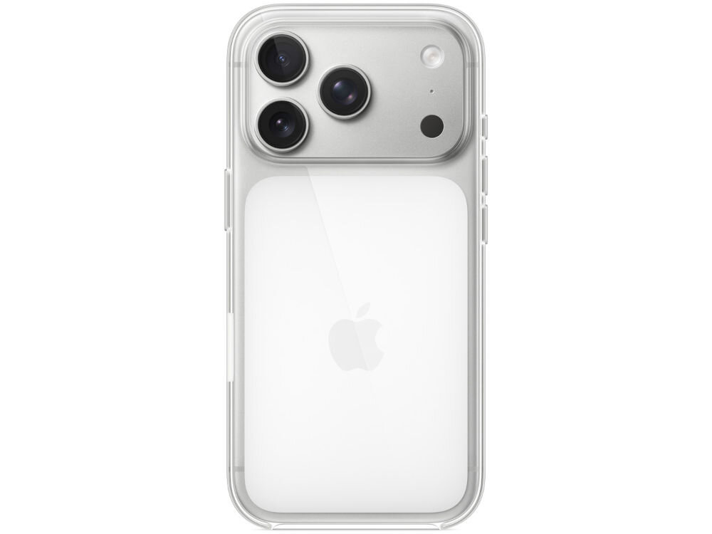 Przezroczyste etui na telefon z widocznym logo Apple. Etui posiada wycięcia na trzy obiektywy aparatu i inne elementy telefonu.