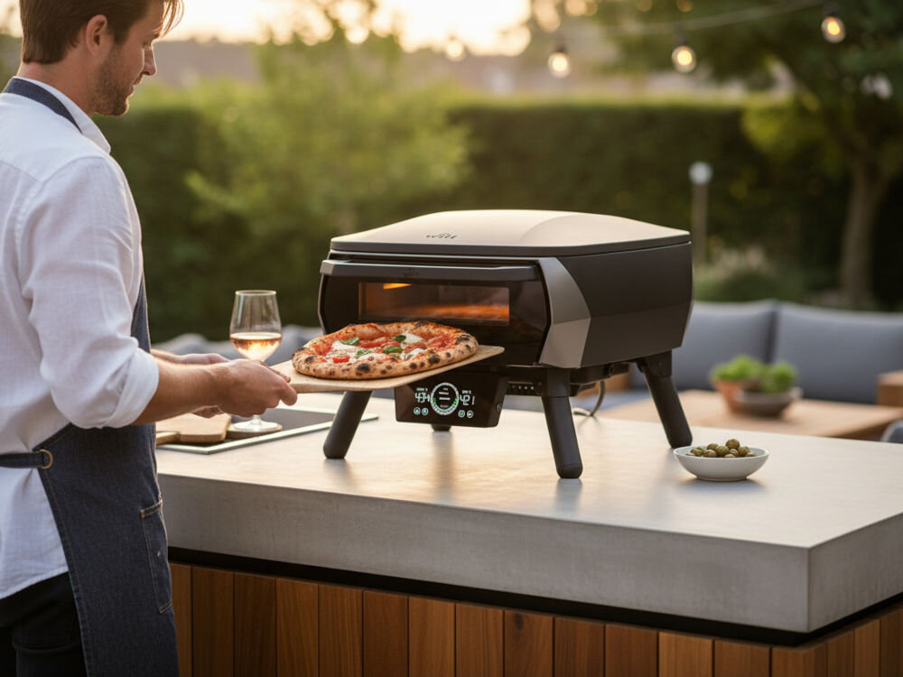 Piec do pizzy WITT eGNITE Control 13 2400W Czarny, pizza, piec, wypiek, kuchnia, Kucharz wkładający pizzę do pieca na tarasie.