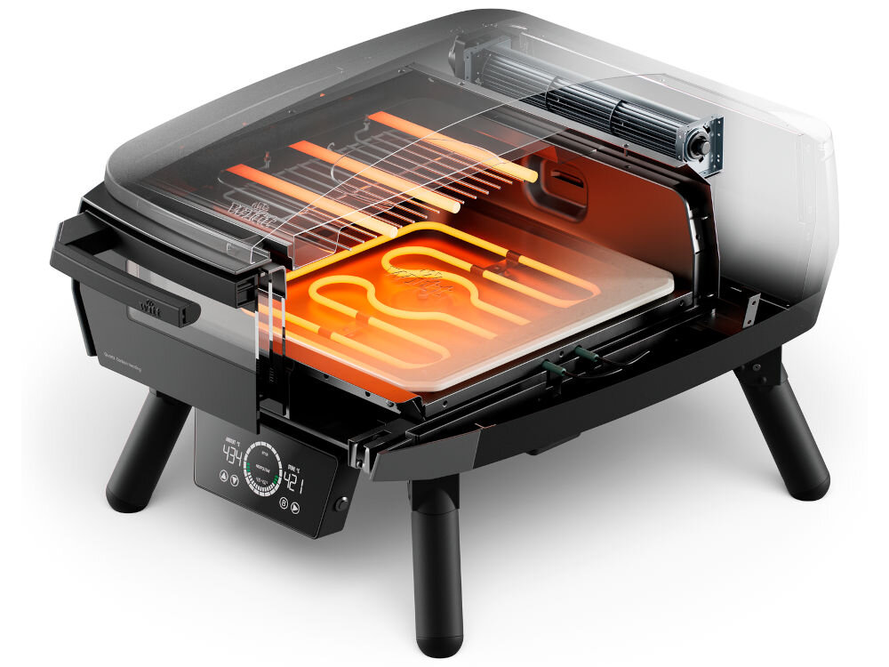 Piec do pizzy WITT eGNITE Control 13 2400W Czarny, wyświetlacz, temperatura, grzałki, kontrola, Przekrój urządzenia pokazujący grzałki wewnątrz.