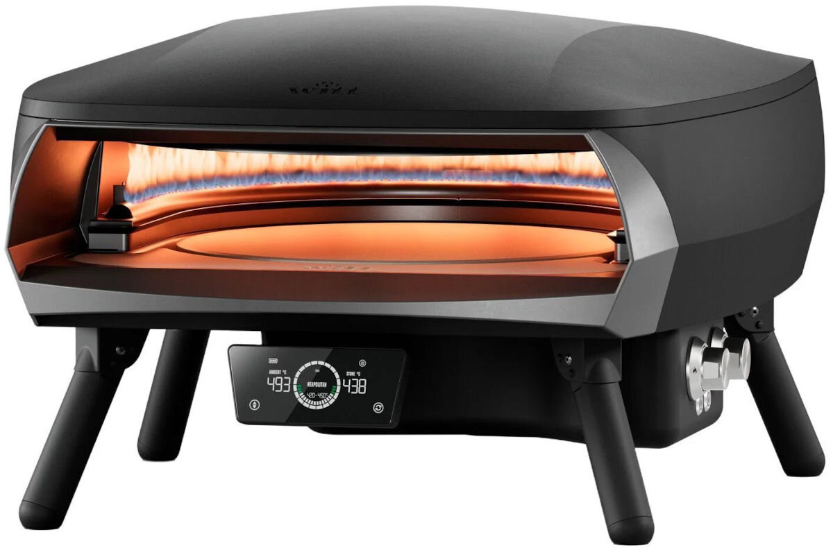 Piec do pizzy WITT Etna Rotante Control 16 Czarny, stal, obudowa, trwałość, design, Wnętrze rozgrzanego urządzenia z płomieniami.