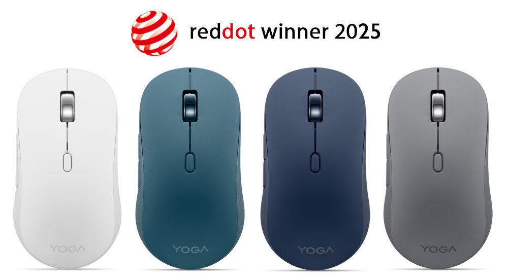 Cztery myszki komputerowe w różnych kolorach: białym, niebieskim, granatowym i szarym, z napisem \'YOGA\' na dole. Nad nimi znajduje się tekst \'reddot winner 2025\' oraz logo w kształcie czerwonej kropki.