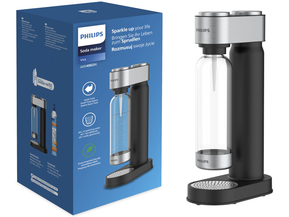 Na obrazie widoczny jest czarny saturator marki PHILIPS z przezroczystą butelką oraz jego opakowanie z napisem \'Sparkle up your life\' i \'Rozmusuj swoje życie\'.