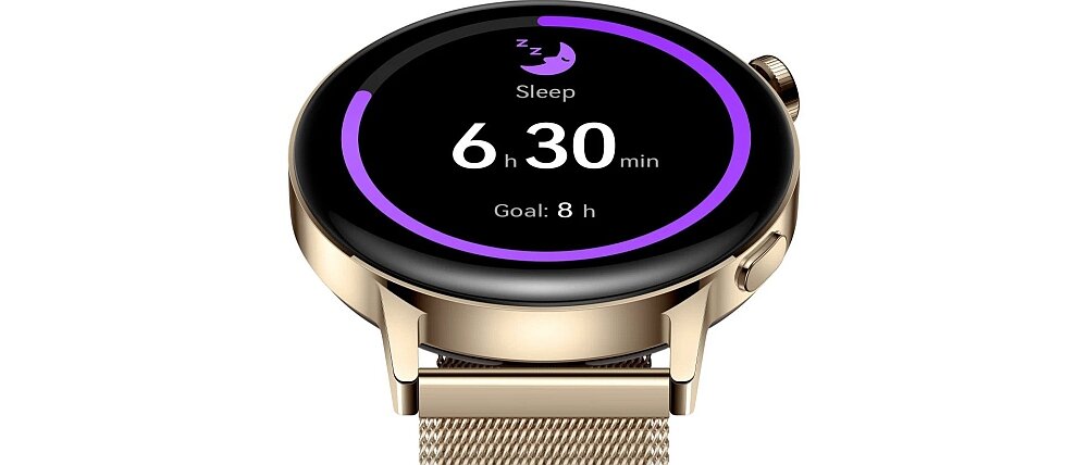 Smartwatch z okrągłym wyświetlaczem pokazuje ekran z informacjami o śnie: \'Sleep 6 h 30 min Goal: 8 h\'. Koperta zegarka jest w kolorze złotym, a pasek ma metalową siateczkową strukturę.