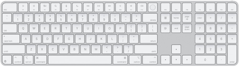 Biała klawiatura z układem QWERTY, posiada klawisze funkcyjne, numeryczne oraz przycisk Touch ID. Widoczne są klawisze z oznaczeniami liter, cyfr i symboli specjalnych.