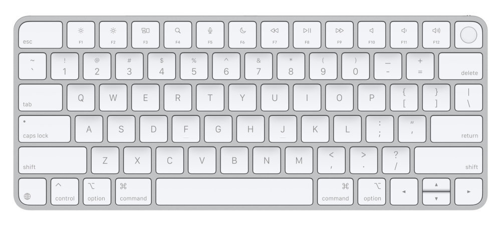 Biała klawiatura z układem QWERTY, posiada klawisze funkcyjne oraz przycisk Touch ID w prawym górnym rogu. Widoczne są klawisze takie jak esc, delete, return, shift, option, command oraz strzałki kierunkowe.