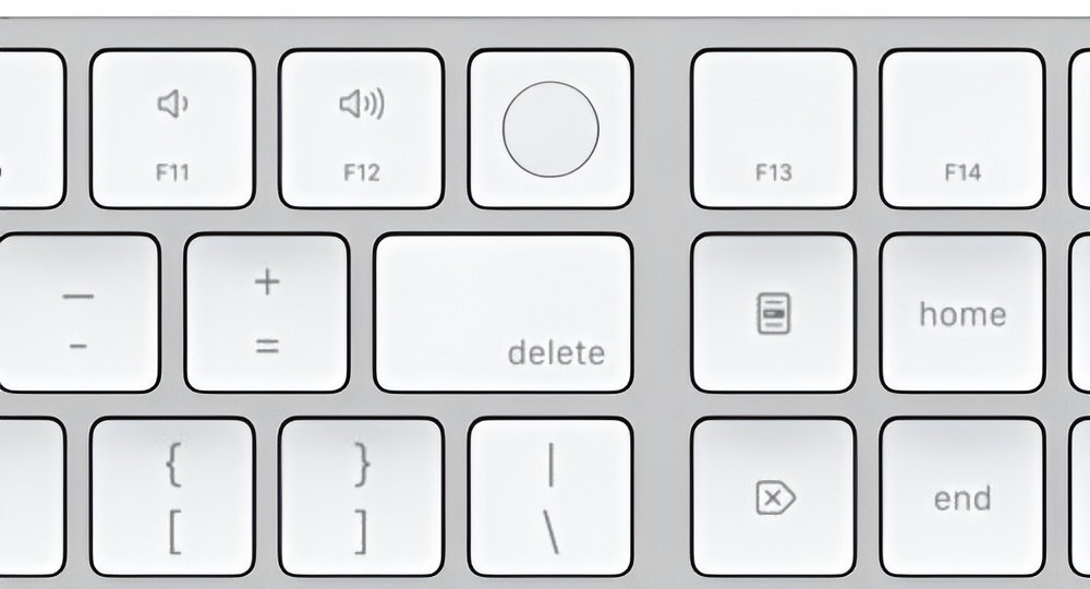 Fragment białej klawiatury z widocznymi klawiszami funkcyjnymi F11, F12, F13, F14 oraz klawiszem \'delete\'.