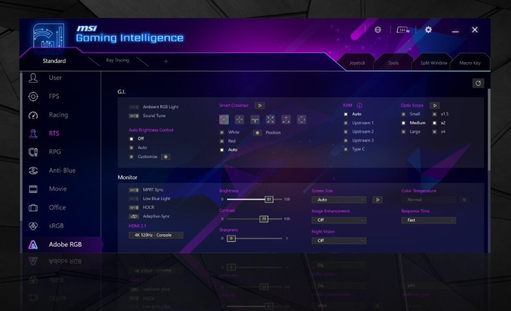 Interfejs oprogramowania MSI Gaming Intelligence z różnymi ustawieniami dla monitora, takimi jak jasność, kontrast i synchronizacja adaptacyjna. Widoczne są zakładki i opcje konfiguracji, a także logo MSI w lewym górnym rogu.