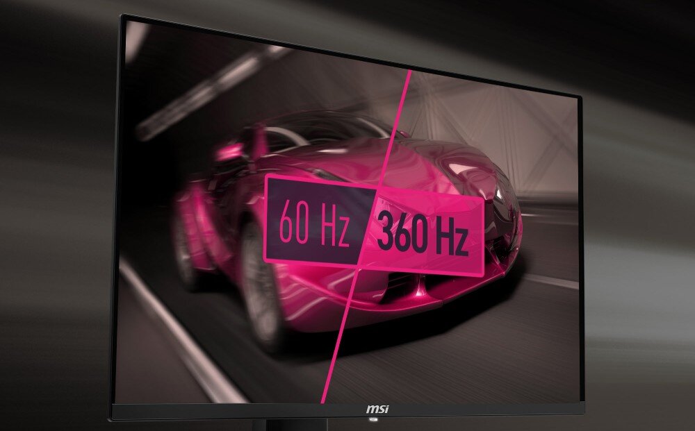 Monitor wyświetla obraz samochodu w ruchu, z podziałem na dwie części: po lewej stronie napis \'60 Hz\', a po prawej \'360 Hz\'. Na dolnej ramce monitora widoczne jest logo \'msi\'.