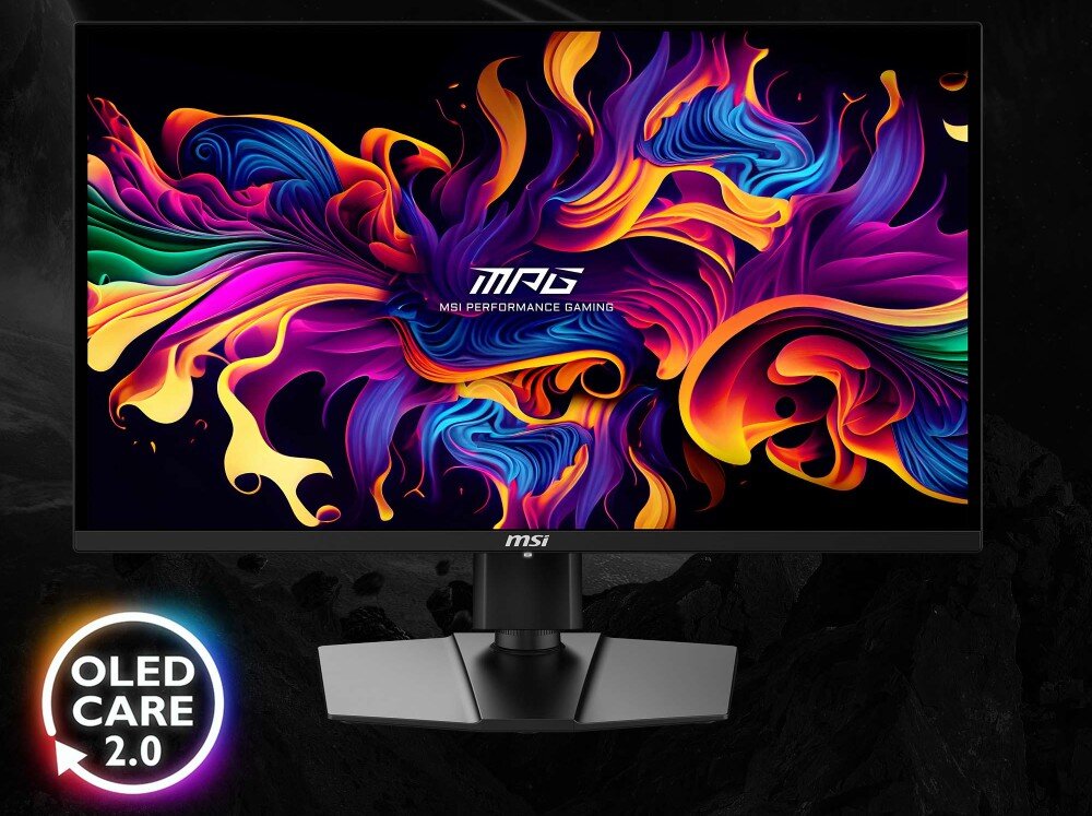 Monitor z kolorowym, abstrakcyjnym wzorem na ekranie, z logo \'MSI PERFORMANCE GAMING\' na środku. W dolnym rogu widoczny jest napis \'OLED CARE 2.0\'.