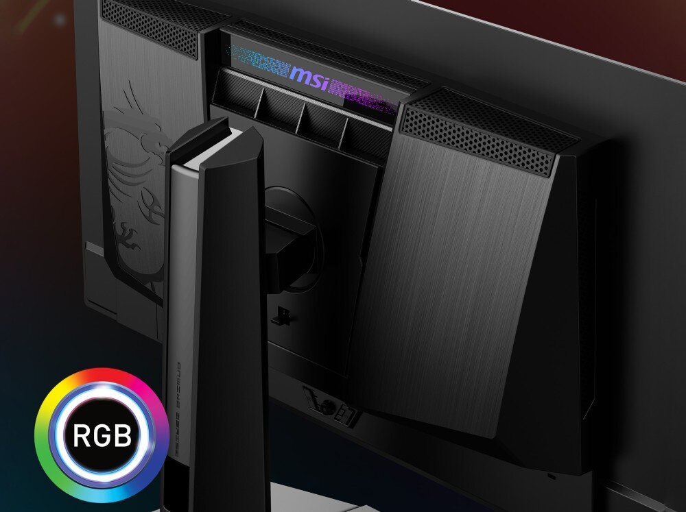 Tył monitora z widocznym logo \'msi\' oraz wzorem smoka. W dolnym rogu znajduje się okrągły symbol RGB.
