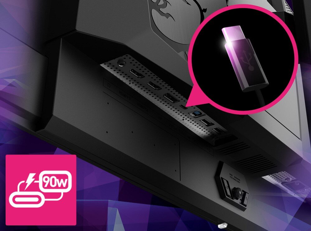 Obraz przedstawia tylną część monitora z widocznymi portami HDMI i USB. W lewym dolnym rogu znajduje się ikona z napisem \'90W\'.
