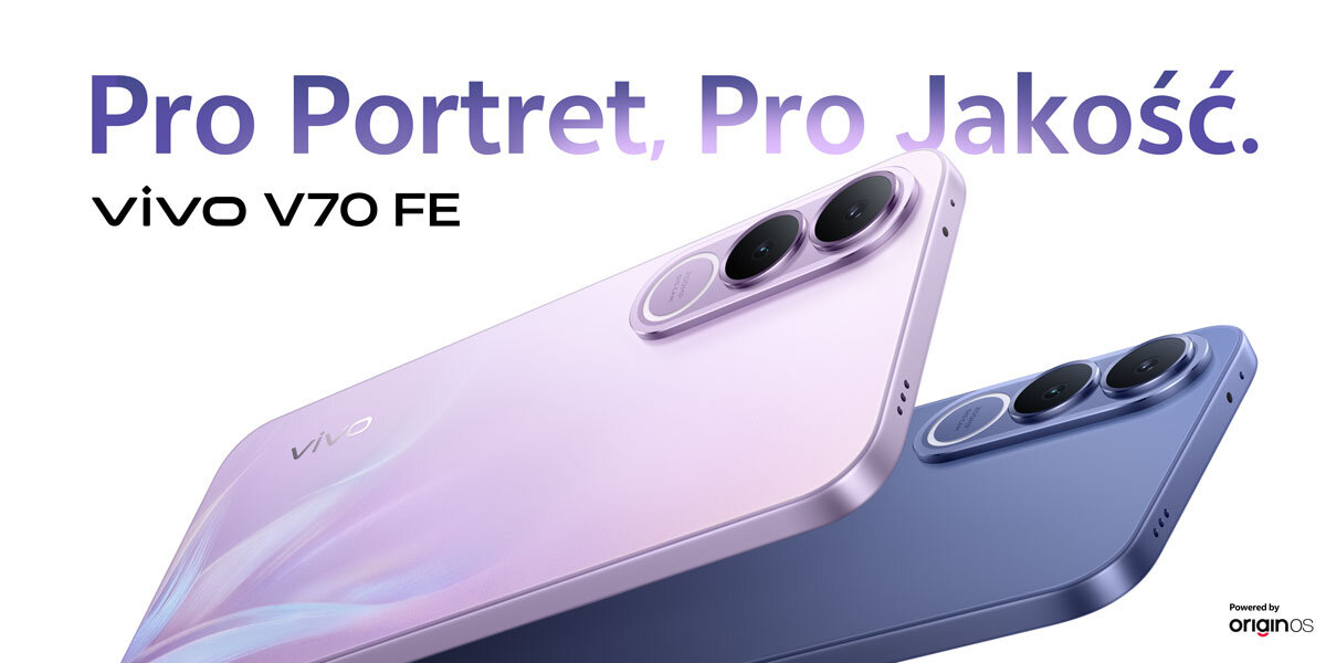 Obraz przedstawia dwa smartfony w kolorach fioletowym i niebieskim, z widocznymi aparatami fotograficznymi. Na górze znajduje się tekst: \'Pro Portret, Pro Jakość. VIVO V70 FE\', a w prawym dolnym rogu logo \'Powered by originos\'.