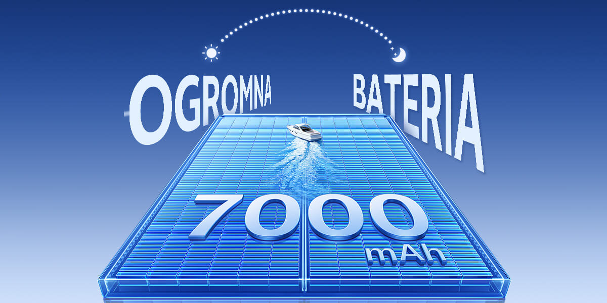 Obraz przedstawia dużą baterię z napisem \'OGROMNA BATERIA\' oraz \'7000 mAh\'. Na baterii znajduje się mała łódź, a w tle widoczne są symbole słońca i księżyca.