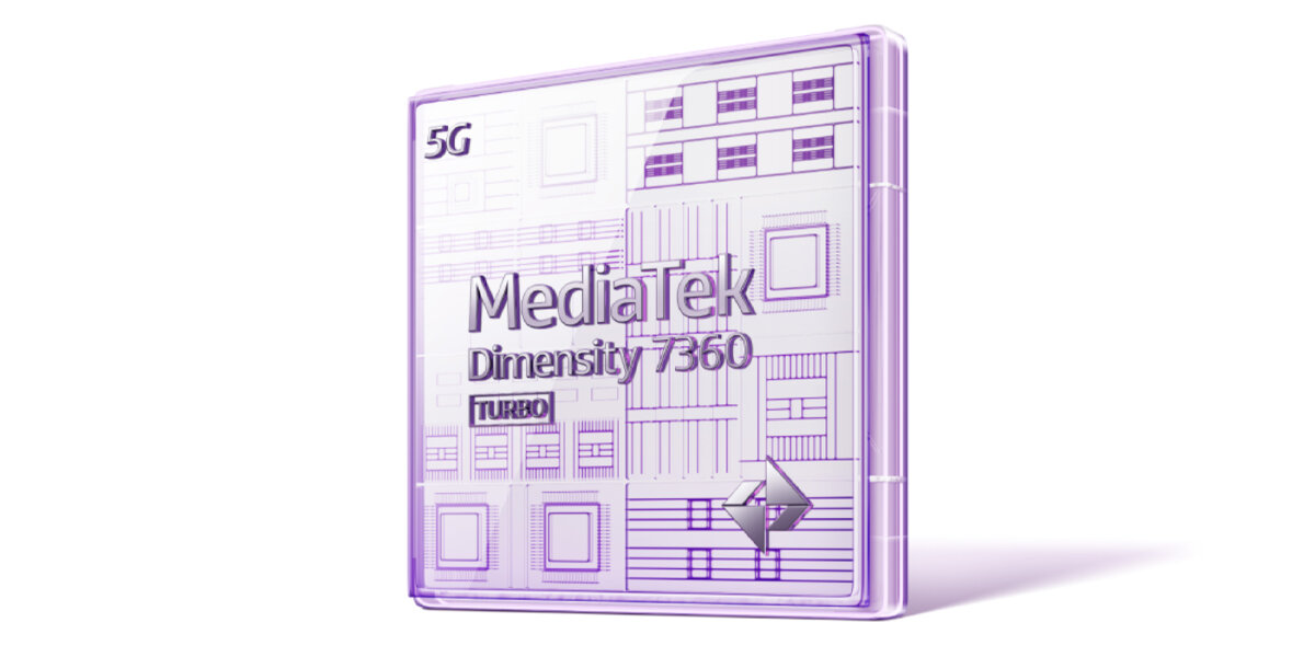 Obraz przedstawia fioletowy układ scalony z widocznym napisem \'MediaTek Dimensity 7360\' oraz symbolami \'5G\' i \'TURBO\'.