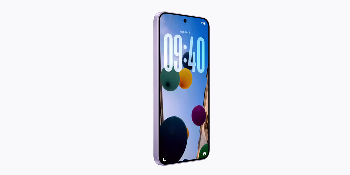 Smartfon z wyświetlaczem pokazującym godzinę 09:40 i kolorowe kule na tle. Na ekranie widoczna jest także data \'Wed, Oct 19\'.