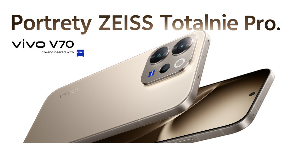 Obraz przedstawia dwa smartfony w kolorze złotym z widocznymi aparatami fotograficznymi. Na górze znajduje się tekst: \'Portrety ZEISS Totalnie Pro.\' oraz \'vivo V70 Co-engineered with ZEISS\'.