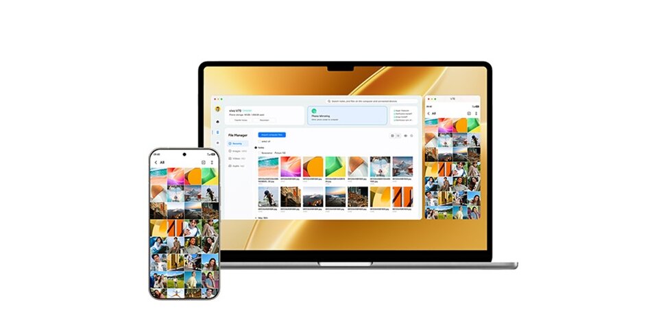 Obraz przedstawia smartfon i laptop z wyświetlonymi zdjęciami na ekranach. Na laptopie widoczny jest menedżer plików z miniaturami zdjęć.