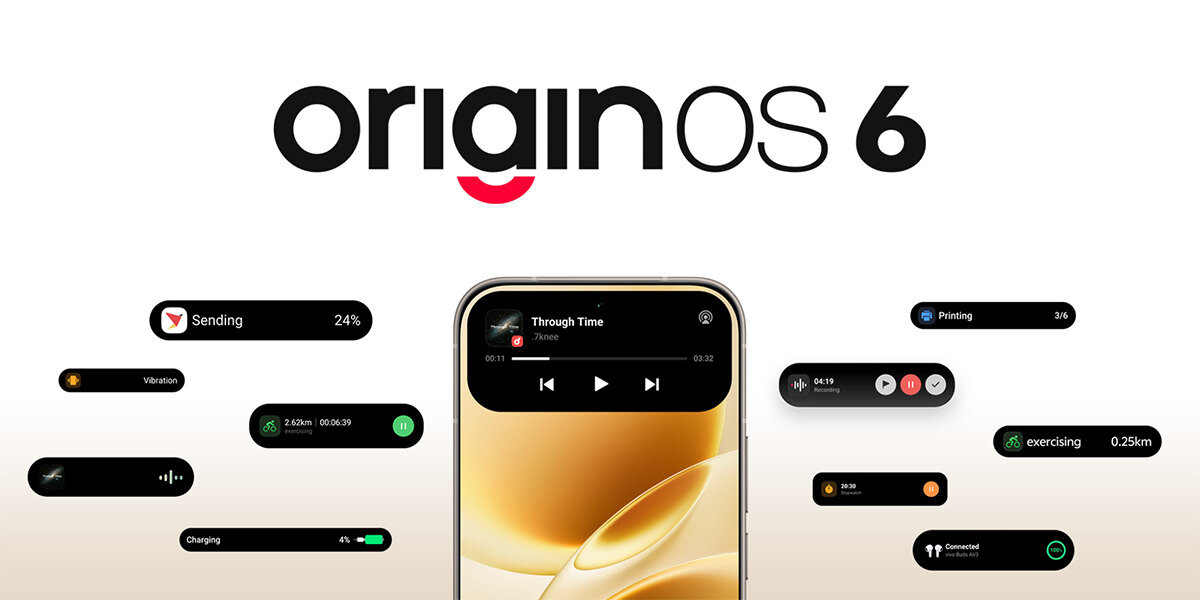 Obraz przedstawia interfejs systemu Origin OS 6 z różnymi widżetami, takimi jak odtwarzacz muzyki, powiadomienia o ładowaniu i aktywności fizycznej. W centrum znajduje się smartfon z wyświetlaczem pokazującym złoty motyw graficzny.