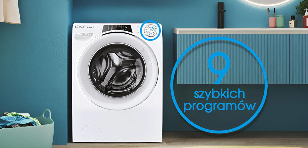 Na obrazie znajduje się biała pralka z widocznym logo \'Candy RapidÓ\' oraz napis \'9 szybkich programów\'. Pralka stoi w nowoczesnym wnętrzu z niebieskimi ścianami i szafką.