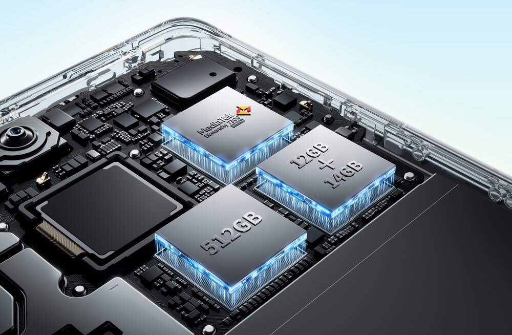 Obraz przedstawia wnętrze urządzenia elektronicznego z widocznymi komponentami, takimi jak układy scalone z oznaczeniami \'512GB\', \'12GB + 12GB\' oraz logo MediaTek Dimensity 7200 Ultra. Komponenty są podświetlone na niebiesko.