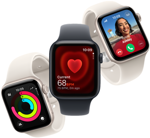 Trzy smartwatche z różnymi wyświetlaczami: jeden pokazuje wykres aktywności, drugi puls 68 BPM, a trzeci połączenie wideo z osobą o imieniu Ashley. Na zegarkach widoczna jest godzina 10:09.