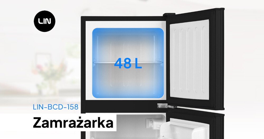 Obraz przedstawia otwartą zamrażarkę z napisem \'48 L\' na niebieskim tle wewnątrz. Widoczne są również napisy \'LIN-BCD-158\' oraz \'Zamrażarka\', a w lewym górnym rogu znajduje się logo \'LIN\'.