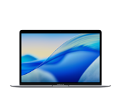 Laptop z wyświetlaczem Retina, na ekranie widoczna abstrakcyjna grafika w odcieniach błękitu i żółci. Obudowa urządzenia jest smukła i nowoczesna.