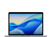 Laptop z wyświetlaczem pokazującym abstrakcyjną grafikę w odcieniach niebieskiego i żółtego. Obudowa urządzenia jest w kolorze srebrnym.