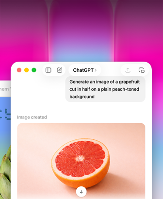 Interfejs aplikacji z widocznym poleceniem \'Generate an image of a grapefruit cut in half on a plain peach-toned background\'. Poniżej znajduje się obraz połówki grejpfruta na brzoskwiniowym tle.