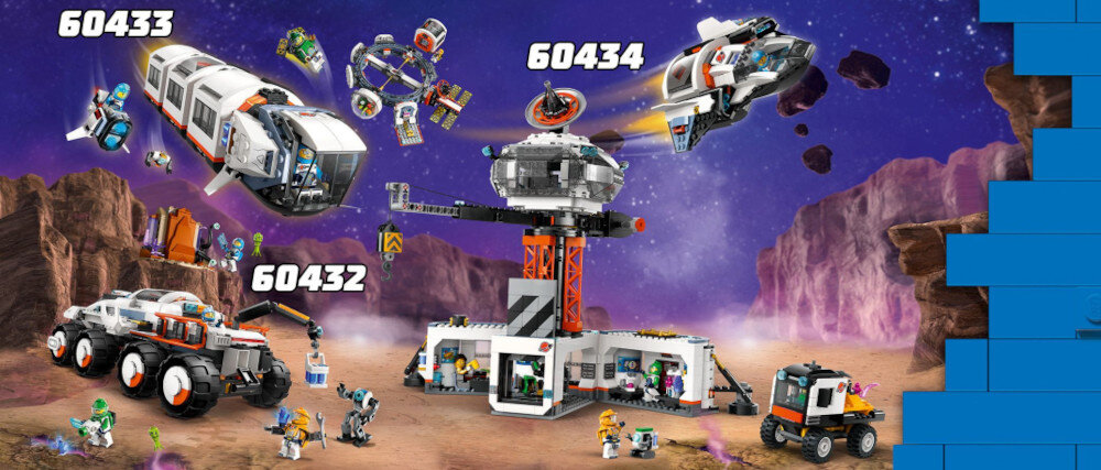 Obraz przedstawia zestaw LEGO z serii kosmicznej, w tym modułową stację kosmiczną, pojazdy i figurki astronautów na tle kosmosu. Widoczne są numery zestawów: 60433, 60434, 60432.