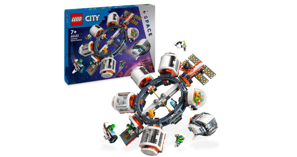 Zestaw LEGO przedstawiający modułową stację kosmiczną z różnymi segmentami i figurkami astronautów. W tle widoczne jest pudełko z napisem \'LEGO CITY\' oraz numerem \'60433\'.