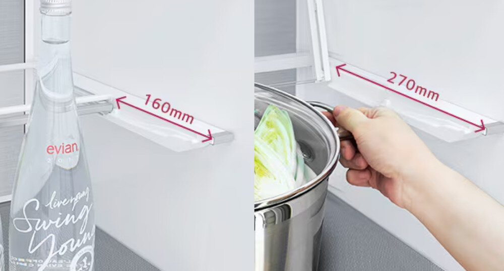 Obraz przedstawia wnętrze lodówki z dwiema półkami, na których widoczne są wymiary 160mm i 270mm. Na jednej półce stoi butelka z napisem \'evian\', a na drugiej ręka trzyma garnek.