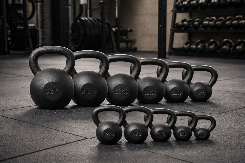 Na obrazie znajduje się osiem kettlebelli o różnych wagach, ustawionych na podłodze siłowni. Widoczne są napisy na kettlebellach: 32KG, 28KG, 24KG, 20KG, 16KG, 12KG, 8KG, 4KG.