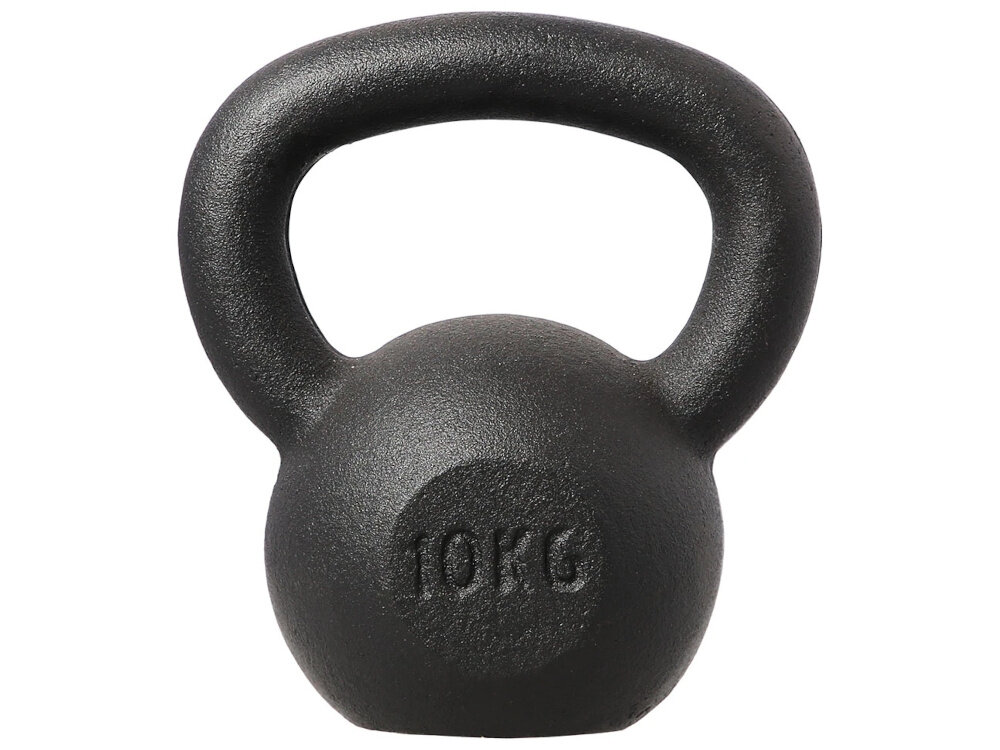 Czarny kettlebell z napisem \'10KG\' na przedniej części.