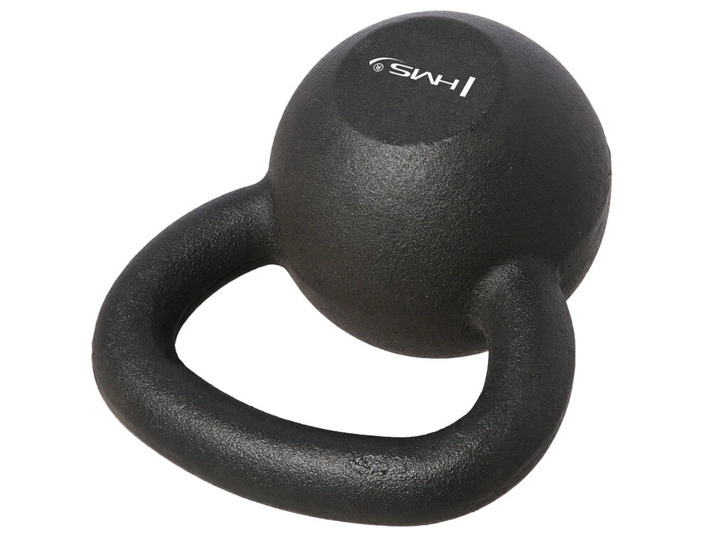 Czarny kettlebell z logo \'HMS\' na górze, wykonany z metalu z gładką powierzchnią.