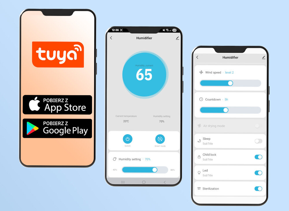 Obraz przedstawia trzy ekrany aplikacji mobilnej. Na pierwszym ekranie widnieje logo \'tuya\' oraz przyciski \'POBIERZ Z App Store\' i \'POBIERZ Z Google Play\', a na pozostałych ekranach widoczne są ustawienia nawilżacza, takie jak poziom wilgotności i prędkość wiatru.